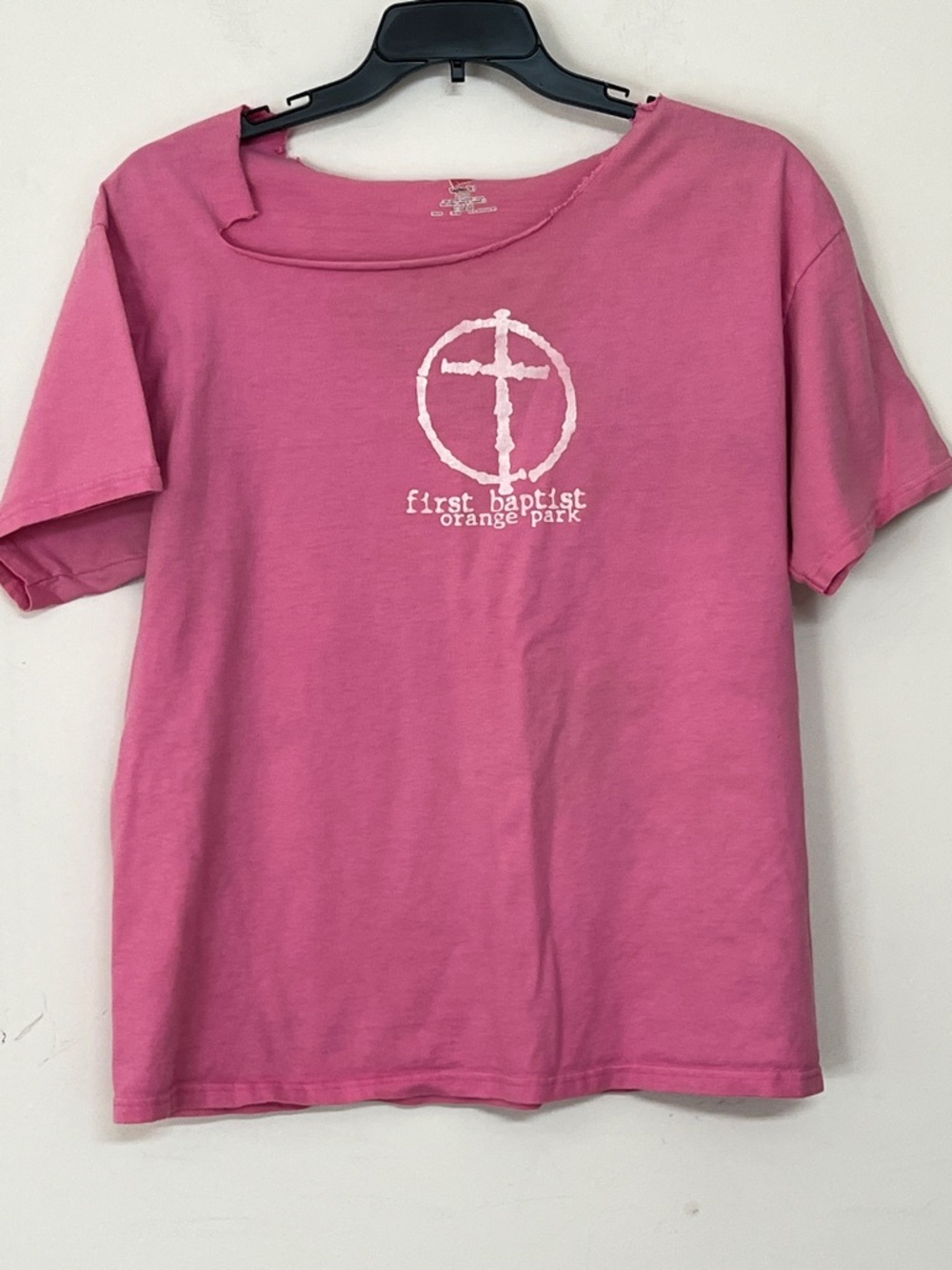 🌞 Hanes Barbiecore Pink Tagless cutout neck First Baptist Cotton Tee Women size